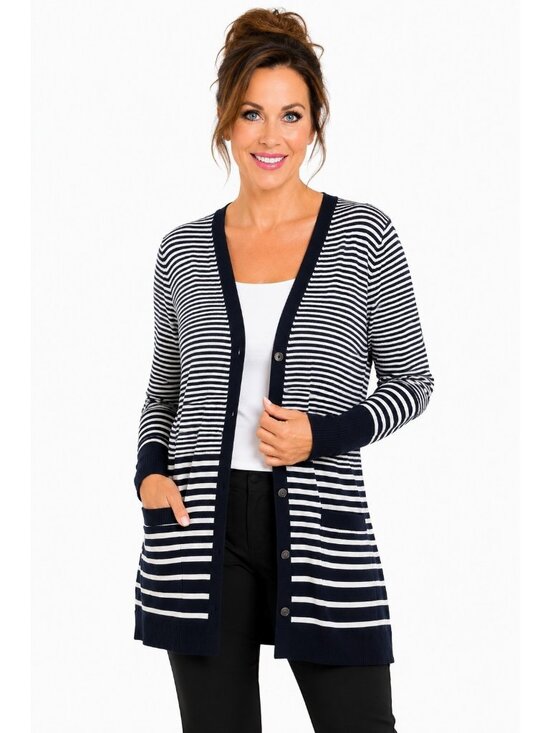 Chico's Sweaters - New Chicos Striped Cardigan Size 1 Medium Navy White Button Front Long Sweater